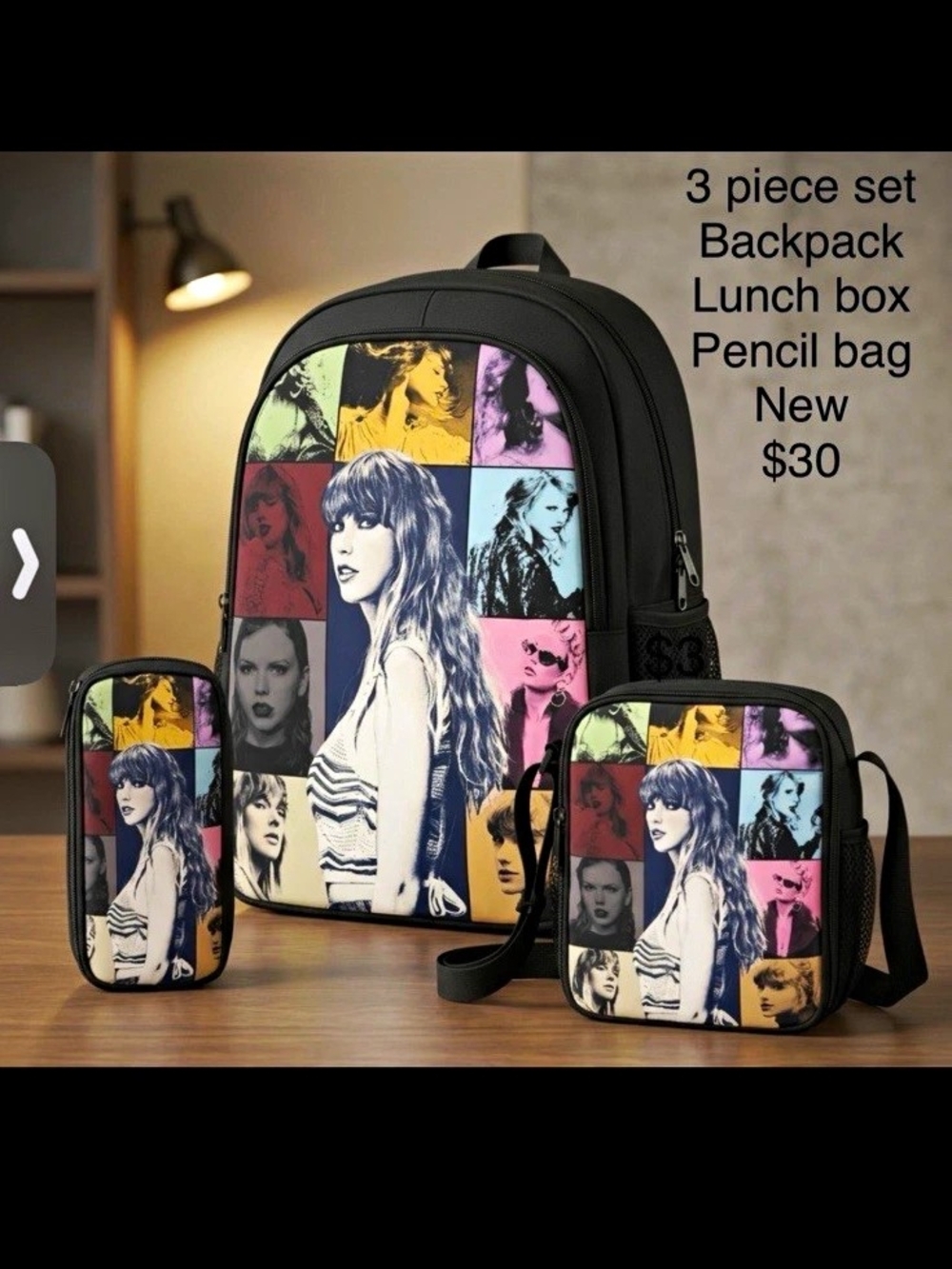 Taylor Swift Kids 3-Piece Backpack Lunch Box Pencil Bag Black Polyester Set